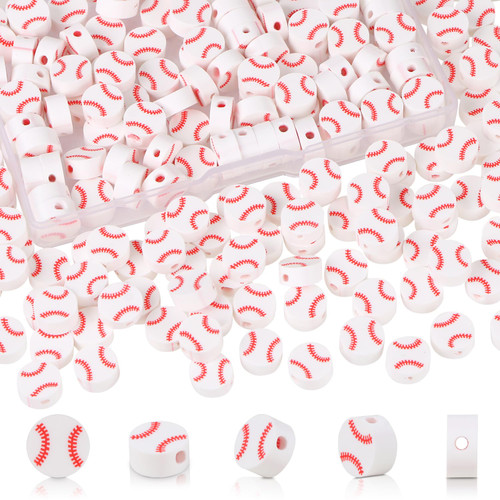 150Pcs Baseball Beads for Jewelry Making, DREMISI 10mm Baseball Softball Beads Charms Sports Polymer Clay Beads Bulk Flat Round Beads Sports Ball Spacer Beads Loose Beads for DIY Craft Bracelet, White