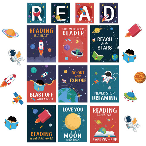 Outus 23 Pcs Reading Classroom Decorations Set Reading Themed Library Posters Reading Bulletin Board Outer Space Read Wall Decor Cutouts for School Classroom Reading Corner Library Wall Decor Supplies