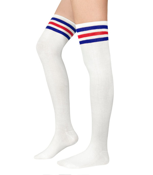 Durio Thigh High Socks for Women Striped Thigh High Socks Soft Over the Knee Socks for Women Cozy Knee High Stockings White with Blue Red