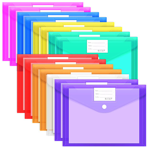 EOOUT 15 Pack Plastic Envelopes Poly Envelopes, Clear Document File Folders with Hook & Loop Closure, A4 Size with Label Pocket for School Home Work Office Organization, 8 Colors