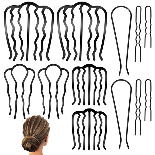 12 Pcs Hair Side Combs, Hair Fork Clips, Hair Pins Combs, French Twist Updo Hair Accessories Combs, U-Shape Teeth Hair Styling Combs Tool for Vintage Hairstyle Women Girls Bun - Black
