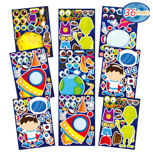 36 Sheets Space Stickers for Kids Make Your Own Astronaut Stickers, Make a Face Planet Stickers Mix of Alien, Rocket, Ship and Match Solar System Stickers for Birthday Party Favors Craft Kit