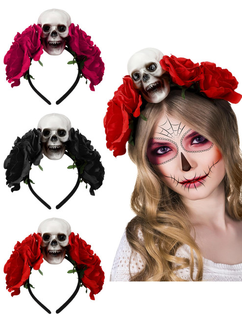 Tigeen 3 Pcs Halloween Day of the Dead Headpiece Halloween Rose Skull Headband Skull Crown Floral Skeleton Hair Bands Black Gothic Flower Hair Hoop for Women Festival Cosplay Costume Party Accessories