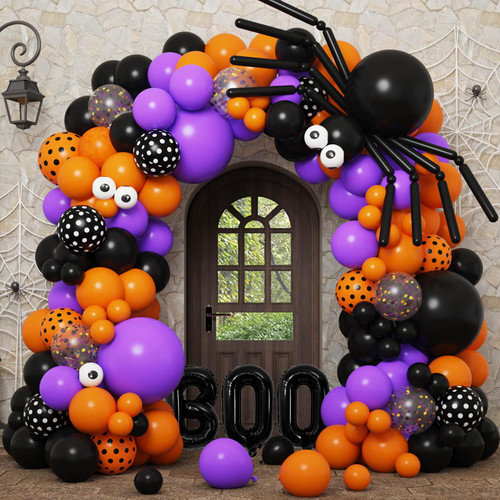 RUBFAC 123PCS Halloween Balloon Garland Arch Kit with Halloween Spider Web, BOO Foil Balloons, Spider Balloons, Black Orange Purple Confetti Balloons with Eye Balloons for Halloween Party Decorations RUBFAC 123PCS Halloween Balloon Garland Arch Kit with Halloween Spider Web, BOO Foil Balloons, Spider Balloons, Black Orange Purple Confetti Balloons with Eye Balloons for Halloween Party Decorations