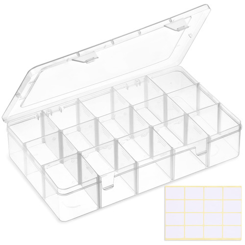 SGHUO 15 Grids Large Clear Plastic Organizer Storage Box Container Craft Storage with Adjustable Dividers for Beads, Art DIY, Crafts, Jewelry, Fishing Tackle with Label Stickers