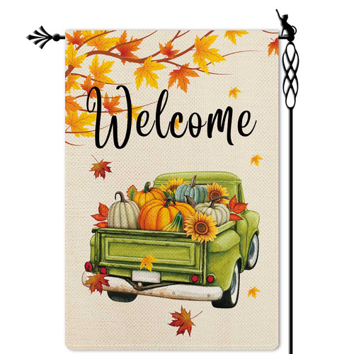 Jauageon Welcome Fall Garden Flag Pumpkin Truck Garden Flag Hello Autumn Vertical Double Sided Rustic Farmland Burlap Yard Lawn Outdoor Decor 12.5x18"