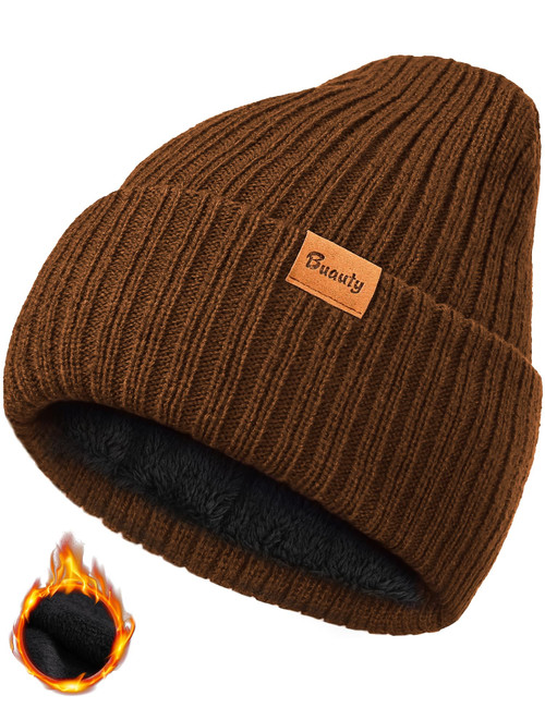 Brown Beanie Hats for Men Women Thermal Stocking Caps Warm Winter Hat Snow Skull Caps Daily Fall Spring Knit Cookies Beanie Striped Cuffed Beanie for Toboggan Ski Skate Hiking Golf