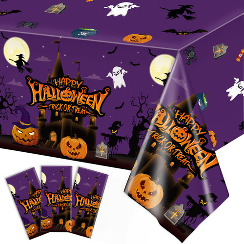 3 Pack Halloween Tablecloth, Large Table Covers for Halloween Party, Bats and Pumpkins Plastic Table Cloth for Indoor Outdoor Halloween Decorations, 54x108 inch