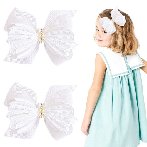 2PCS 4.5 Inch Hair Bows for Girls Clips White Grosgrain Ribbon Bows Alligator Clips Hair Barrettes Hair Accessories for Girls Toddler Infants Kids Teens Children (White)
