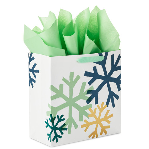 Hallmark Signature 10" Square Holiday Gift Bag with Tissue Paper (Navy Blue, Mint Green, Gold Snowflakes) for Christmas, Hanukkah, Winter Weddings, Graduations, Birthdays