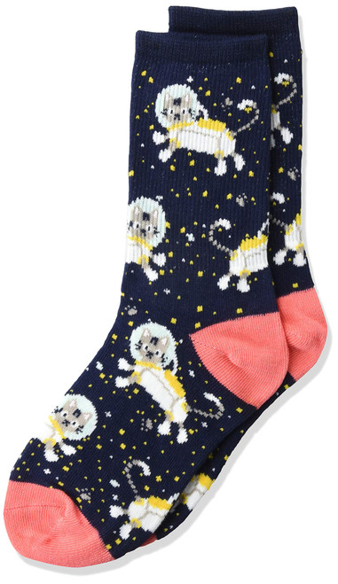 K. Bell Girls' Fun Kids Novelty Crew Socks, Space Kitty (Navy), 11-4 Medium