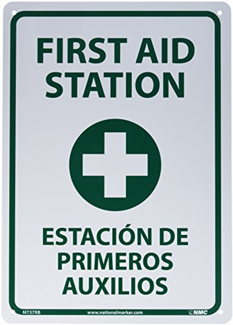 NMC M737RB Bilingual Emergency and First Aid Sign, Legend "FIRST AID STATION" with Graphic, 10" Length x 14" Height, Rigid Polystyrene Plastic, Green on White