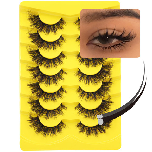 False Lashes Cat Eye Fluffy Eyelashes Wispy Strip Fake Eyelashes Natural Look Mink Lashes Flat Eye Lashes Pack 7 Pairs ALICROWN
