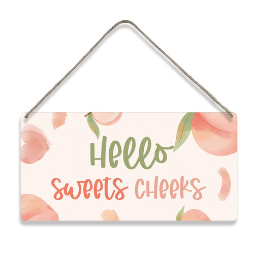 Hello Sweet Cheeks Peach Quote Sayings Home Wall Decor Wooden Signs Rustic Farmhouse Hanging Wall Plaque Sign Bathroom Toilet Decoration Gift