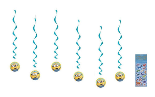 Unique Despicable Me Birthday Party Supplies Bundle Pack Includes 6 Hanging Swirls Decorations and 1 Dinosaur Sticker Sheet