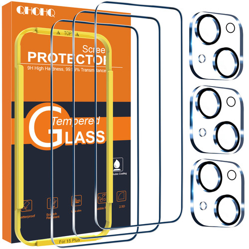 QHOHQ 3 Pack Screen Protector for iPhone 15 Plus [6.7 Inch] with 3 Pack Camera Lens Protector, Tempered Glass Film, HD Clear, 9H Hardness, No Bubbles, Case Friendly