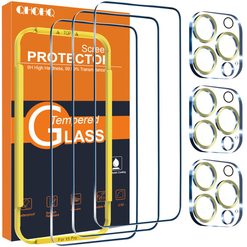 QHOHQ 3 Pack Screen Protector for iPhone 15 Pro [6.1 Inch] with 3 Pack Camera Lens Protector, Tempered Glass Film, HD Clear, 9H Hardness, No Bubbles, Case Friendly - Gold