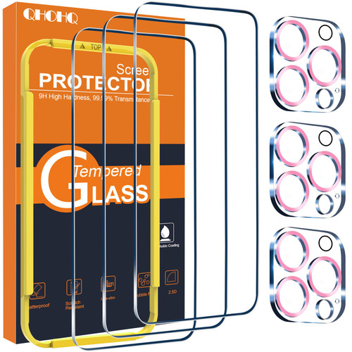 QHOHQ 3 Pack Screen Protector for iPhone 15 Pro Max [6.7 Inch] with 3 Pack Camera Lens Protector, Tempered Glass Film, HD Clear, 9H Hardness, No Bubbles, Case Friendly - Pink