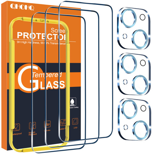 QHOHQ 3 Pack Screen Protector for iPhone 15 [6.1 Inch] with 3 Pack Camera Lens Protector, Tempered Glass Film, HD Clear, 9H Hardness, No Bubbles, Case Friendly - Light Blue