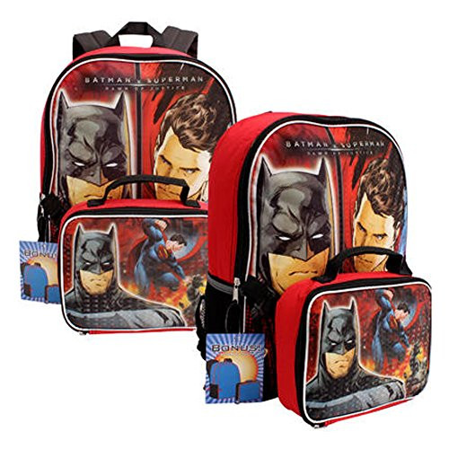 DC Comics Batman v Superman Backpack w/ Detachable Lunch Bag Set - Red/Black