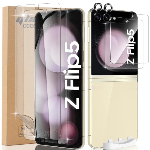 CYCFAIML for Samsung Galaxy Z Flip 5 5G Screen Protector, 2X Inner Screen Flexible Film + 2X Tempered Glass Back Screen Protector + 2X Camera Lens Protector Accessories Case Friendly