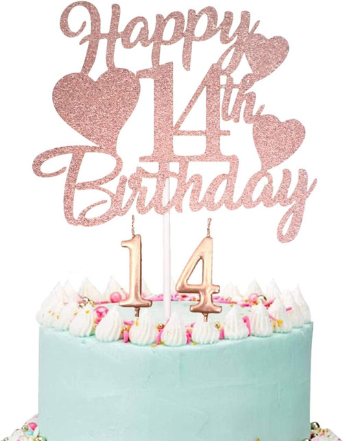 Happy 14th Birthday Cake Topper, Rose Gold 14th Birthday Cake Topper, 14th Birthday Candles, 14th Birthday Cake Topper for Girls with Number 14 Candles for Girl 14th Birthday Party Decorations
