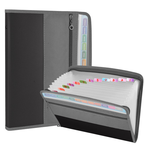 CLOUDIA 13 Pocket Expanding File Folder with Sticky Labels, Accordion File Folder Document Organizer Expanding Zip File Folder with Zipper Closure, Letter A4 Paper Document Accordion Folder (Grey)