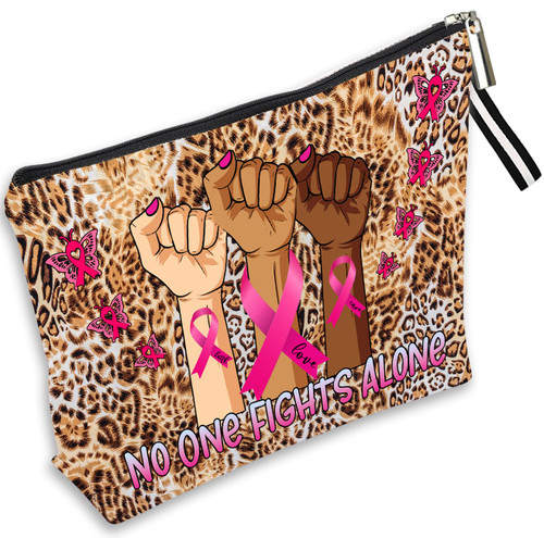 Leopard Makeup Bag for Cancer Fighter Breast Cancer Awareness Cosmetic Bag No One Fights Alone Makeup Bag Cancer Support Gift For Women Breast Cancer Survivor Gift Butterfly Pink Ribbon Makeup Bag