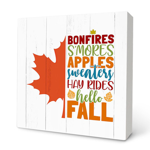 Knibeo Fall Wooden Signs,Fall Signs Decor for Home,Fall Words Maple Leaf Wood Box Sign Desk Decor,Rustic Fall Wood Block Plaque Box Sign for Home Farmhouse Shelf Table Decor 5x5 Inch