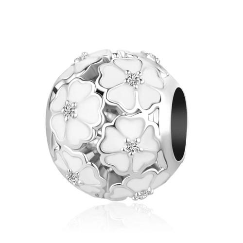 LSxAB White Flower Charm Compatible Pandora Charm Bracelet Women Daisy Clear CZ Silver Bead Birthday Anniversary Christmas