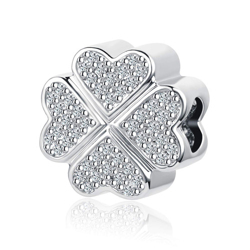 QeenseKc Luck and Courage Four-Leaf Clover Charm Clear CZ Bead for European Bracelet