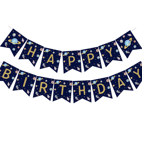 Outer Space Themed Birthday Banner, Happy Birthday banner Navy Blue and Gold, Outer Space Birthday Party Decoration with Astronaut, Rocket Ships, Solar System