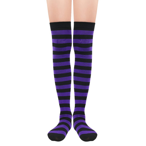 Zando Womens Long Knee High Socks Thigh High Leg Warmers Thigh Long Stockings Striped High Knee Socks Over Knee Leg Warmers Up to The Knee Socks Halloween Socks Thigh Highs Black & Purple Stripes