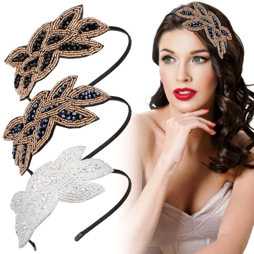 Noverlife 3PCS Flapper Headbands 1920s Vintage Flapper Headpiece 20s Headbands for Women Rhinestone Beaded Leaf Hairband (Navy Blue, White, Black Gold)