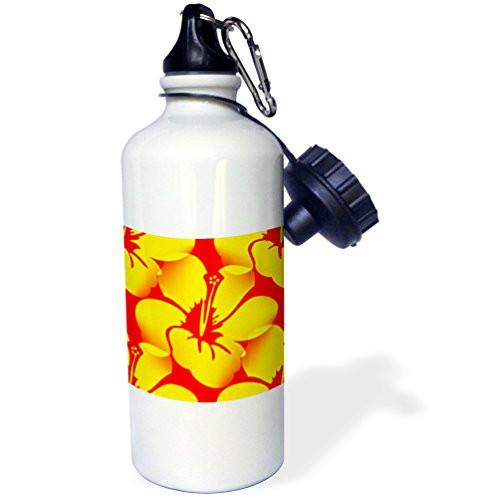 3dRose wb_53560_1"Yellow and Orange Hawaiian Hibiscus Floral Print Tropical Art" Sports Water Bottle, 21 oz, White