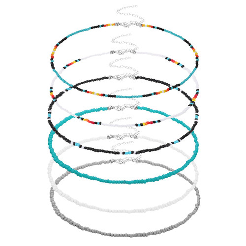 Yolev 6 Pieces Colorful Tiny Seed Beaded Necklace Boho Beads Choker Seed Beaded Choker Necklace Beach Necklace Chain Jewelry for Women Girls