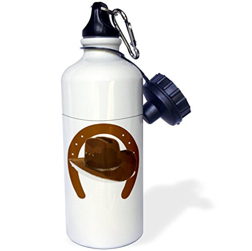 3dRose wb_38993_1"Large Brown Horseshoe With Brown Cowboy Hat" Sports Water Bottle, 21 oz, White