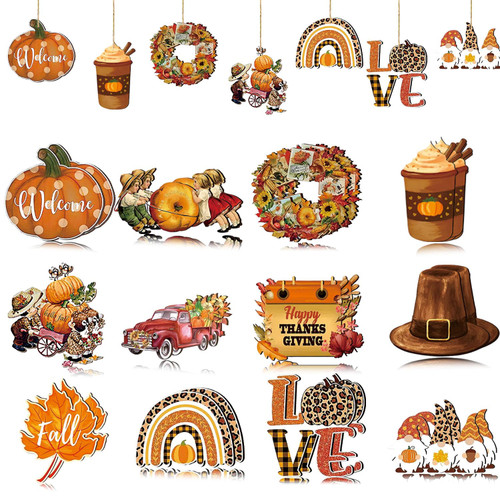ZUYHNGE 24 Pcs Thanksgiving Fall Wooden Ornaments for Tree, Thanksgiving Decor Wood for Tree. Gnomes Pumpkin Maple Leaf Truck Fall Wooden Hanging Ornaments Decorations for HomeMix Cutouts Autumn