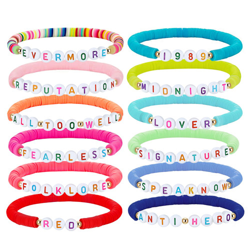 DOZZIOR 12PCS Eras Tour Bracelets Set, Album Music Inspired Lover Fearless Reputation Folklore Speak Now Midnights Red Evermore 1989 Reputation Friendship Outfit Jewelry