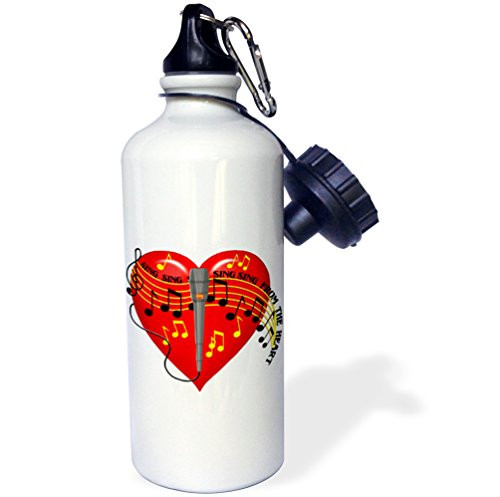 3dRose wb_11618_1 Large red heart, musical notes, microphone, Sing From the Heart text, light background - Sports Water Bottle, 21 oz, White