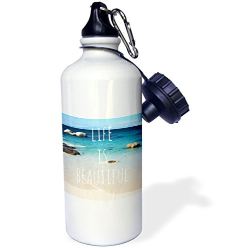 3dRose wb_151390_1"Life is Beautiful-Positive affirmations-Inspiring nature-Beach photography-words saying" Sports Water Bottle, 21 oz, White
