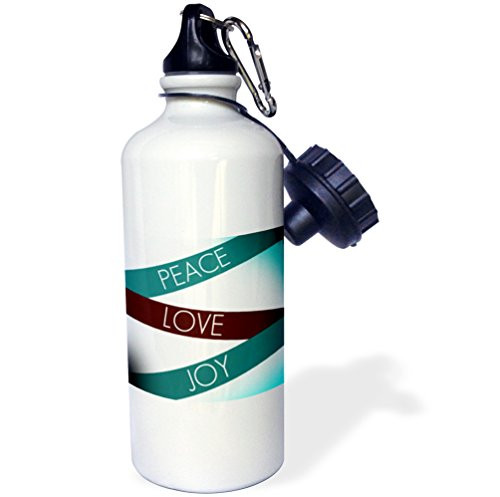 3dRose wb_53618_1"Peace, Love, Joy Art Inspirational Aqua" Sports Water Bottle, 21 oz, White