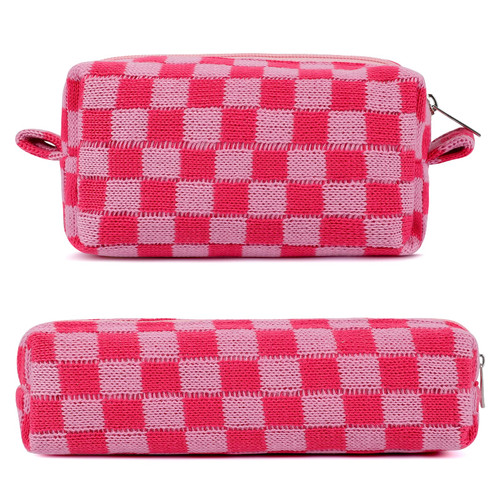 2Pcs Small Makeup Bag for Purse Checkered Cosmetic Bag Cute Makeup Pouch Pink Makeup Bag and Makeup Brushes Bag Y2K Aesthetic Accessories for Women Travel Storage Organizer Bag