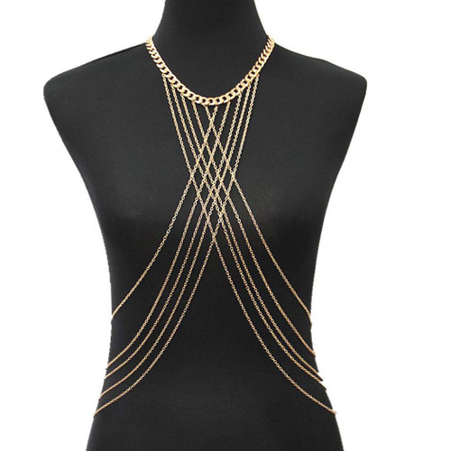 Bounzhi Harness Body Chain Bra Crossover Sexy Body Jewelry Bikini Chains Necklace for Women and Girls (Gold), Free sizes
