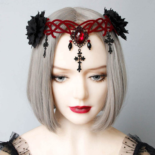 Catery Gothic Floral Headpiece Halloween Headbands Vampire Cosplay Cross Headdress Hair Clip Masquerade Cosplay Headbands for Women and Girls