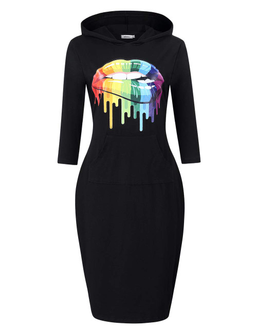 MISSKY Women's Pullover Hoodie Kangaroo Pocket Slim Sweatshirt Hooded Dress,M