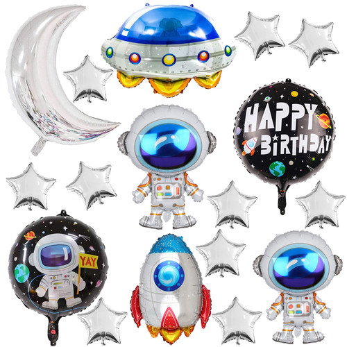 17Pcs Astronaut Spaceman Foil Balloons Rocket Airship Star Moon Balloons Helium Balloons Space Galaxy Themed Party Supplies Happy Birthday, Baby Shower Decoration