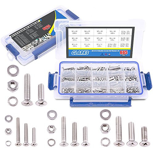 Glarks 665Pcs 304 Stainless Steel M3 M4 M5 M6 Phillips Flat Head Machine Screws Bolts Nuts and Flat Gasket Spring Washers Assortment Set, Full Thread Glarks 665Pcs 304 Stainless Steel M3 M4 M5 M6 Phillips Flat Head Machine Screws Bolts Nuts and Flat Gasket Spring Washers Assortment Set, Full Thread