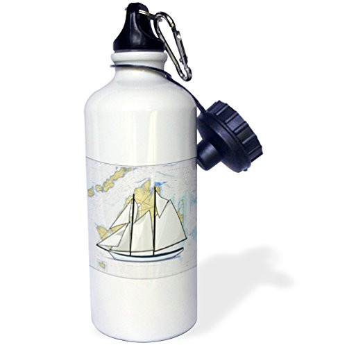 3dRose wb_214254_1"Print of Nautical Map Of Marthas Vineyard With Sailboat" Sports Water Bottle, 21 oz, Multicolor