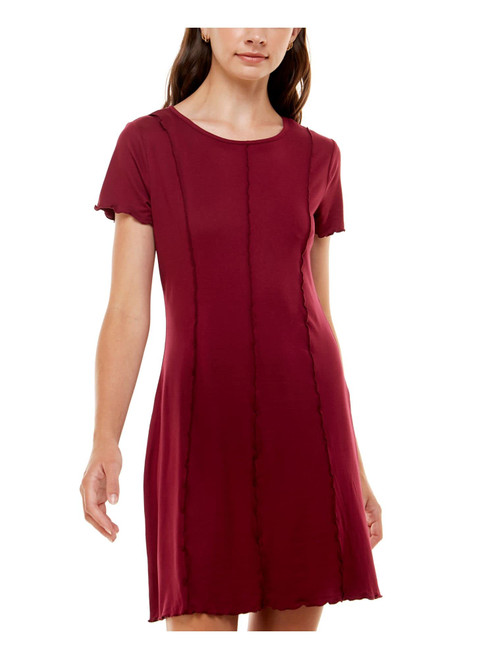 Ultra Flirt Womens Burgundy Stretch Short Sleeve Scoop Neck Short Shift Dress Juniors S